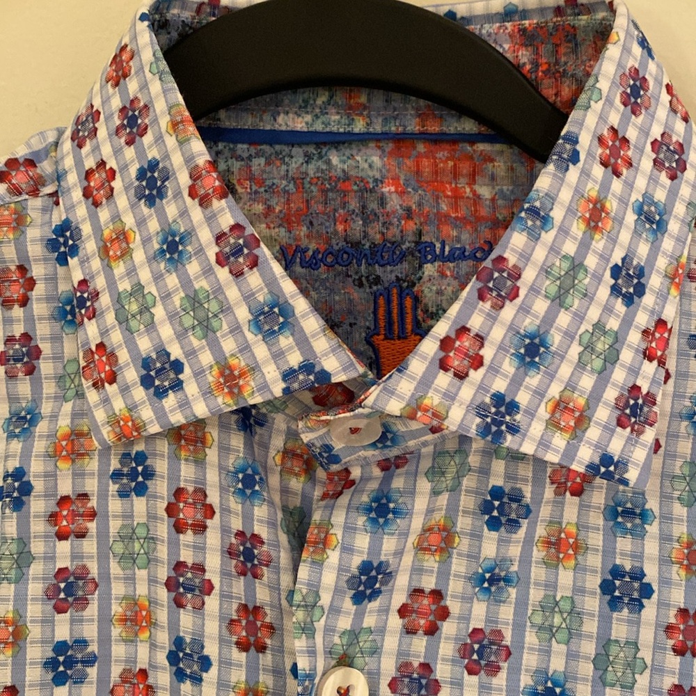 NWT Visconti Black blue white check colorful floral button front shirt Sz S